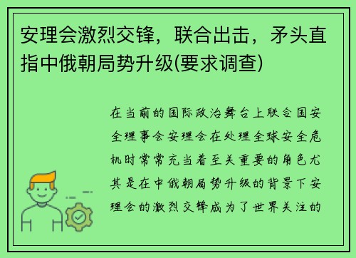 安理会激烈交锋，联合出击，矛头直指中俄朝局势升级(要求调查)