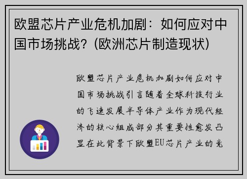 欧盟芯片产业危机加剧：如何应对中国市场挑战？(欧洲芯片制造现状)